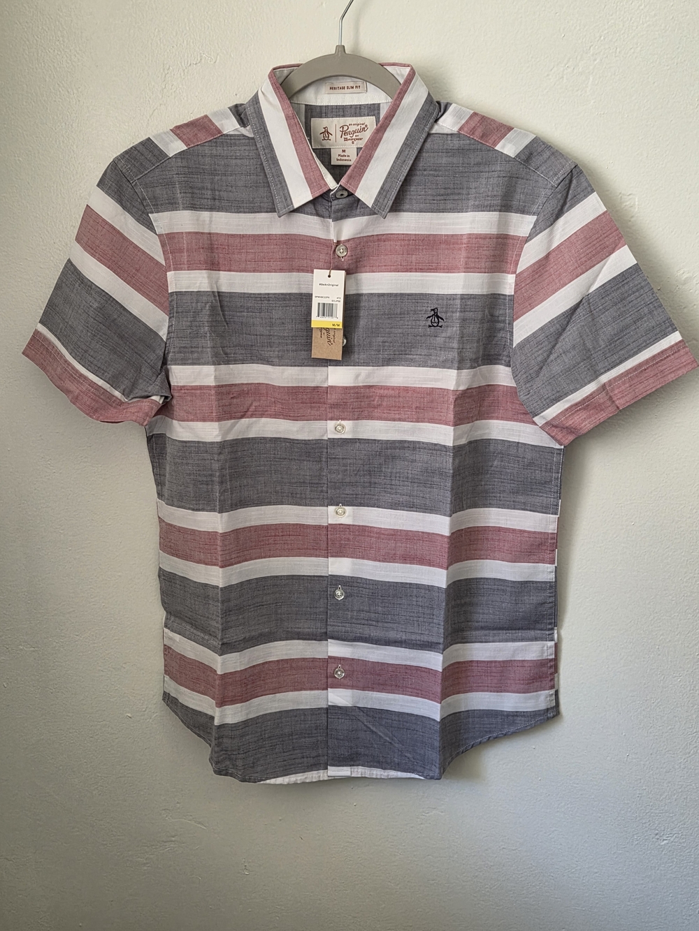Original Penguin Short-Sleeve Stripe Button-Up Shirt - Red & Gray
